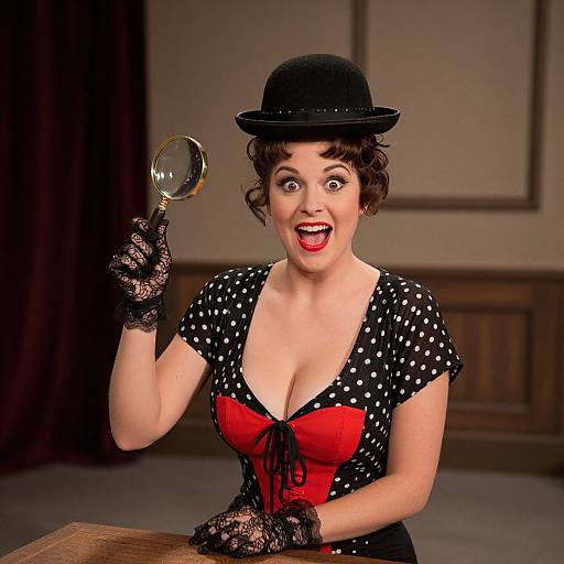 Photograph of a smiling woman with curly brown hair, wearing a black polka-dot dress with red bust, black lace gloves, and hat, holding