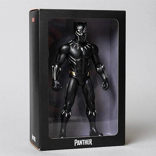 Photograph of a black, glossy, muscular Panthér action figure in a clear plastic display box with a black cardboard base.