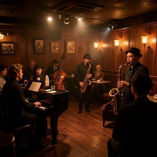Photograph of a dimly lit jazz band performing in a wooden-paneled room. Musicians in black attire play saxophone, trumpet, and c