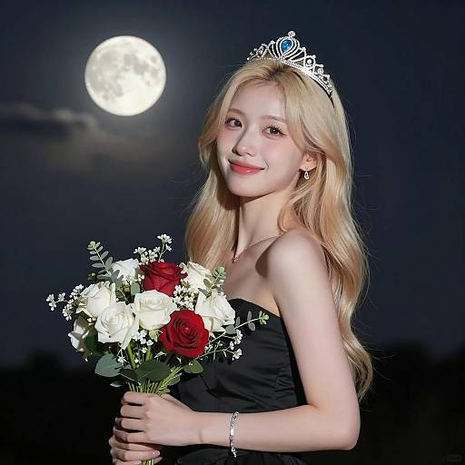 Woman in Tiara Holding Bouquet Under Full Moon