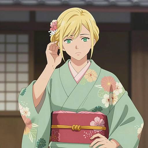 Blonde Woman in Green Floral Kimono