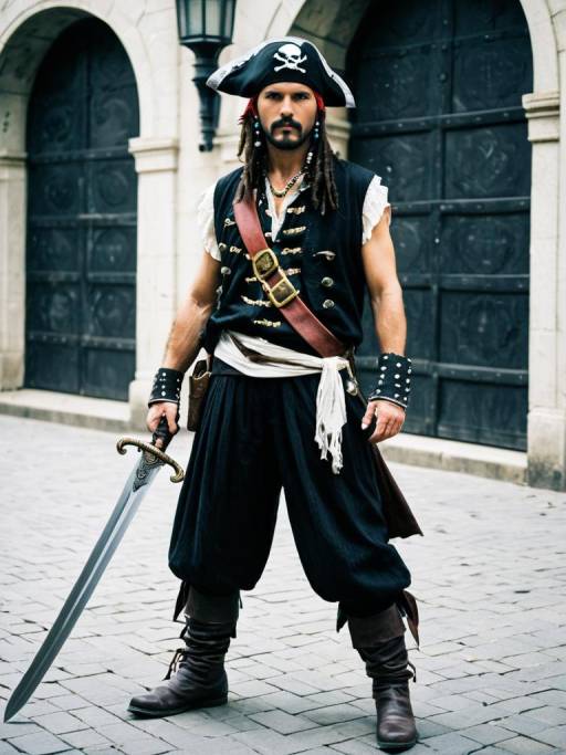 Man in Sleeveless Pirate Costume with Sword
