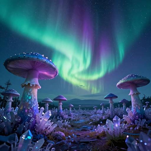 Photograph of glowing mushrooms under vibrant Northern Lights, surrounded by bioluminescent crystals in a starry night sky, creating a mystical forest scene.
