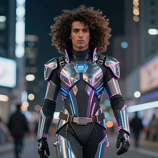 Photograph of a curly-haired man in a futuristic, neon-illuminated black and silver armor suit, walking confidently in a nighttime cityscape.