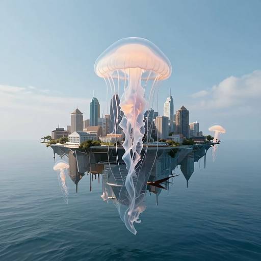 Photorealistic digital art: Floating cityscape with skyscrapers, surrounded by calm ocean, under a clear blue sky, with two large, glowing