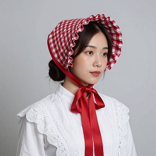 Photograph of an Asian woman with fair skin, wearing a red-and-white checkered ruffled hat, white lace blouse, and red ribbon bow,