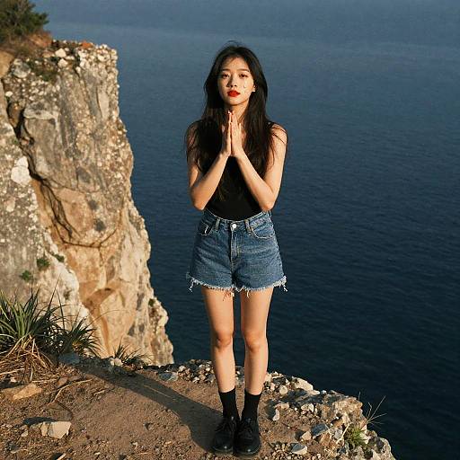 Photorealistic Girl Praying on Cliff Edge