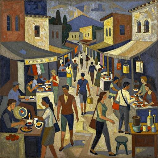 Vibrant, impressionist-style painting of a bustling evening street market with diverse people dining and walking under colorful awnings and lit buildings.