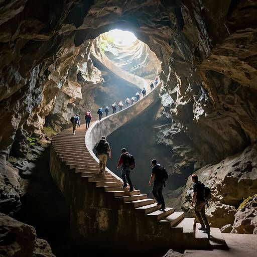 Photograph of a cave with a curved, rocky ceiling. Sunlight streams in, illuminating a staircase where hikers with backpacks ascend towards a