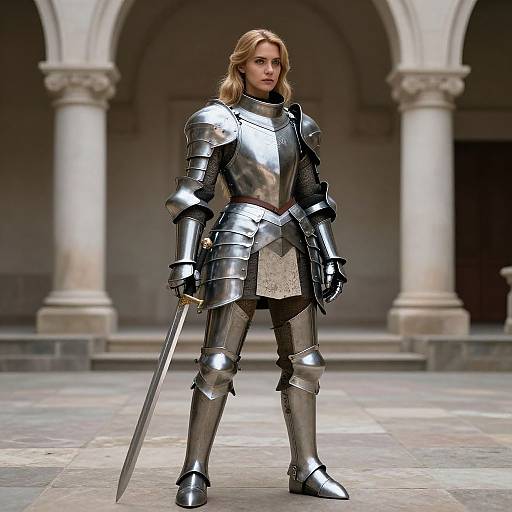 Photograph of a blonde woman in medieval silver armor, holding a sword, standing in a stone courtyard with arched columns.