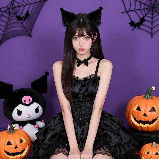 Young woman with black cat ears, black gothic dress, and pale skin, sits between Jack-o'-lanterns, against purple background with spider