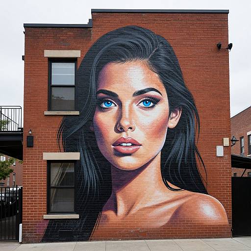 Photograph of a vibrant street mural on a red brick building, featuring a detailed, realistic portrait of a woman with striking blue eyes and long, black
