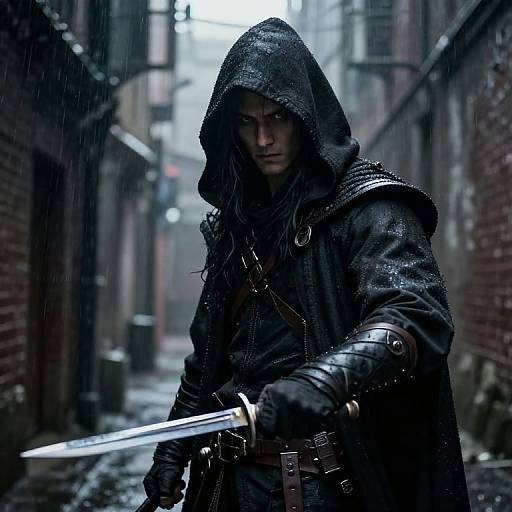 Photograph-style digital art: Dark, rainy alleyway, hooded, grimy male warrior with wet, long hair, black leather armor, gripping