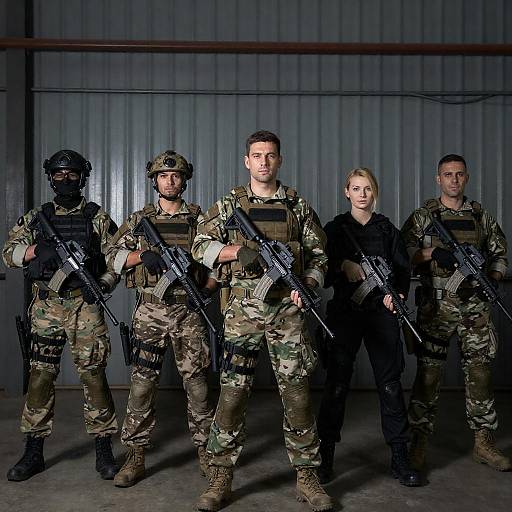 Armed Soldiers in Dark Industrial Environment