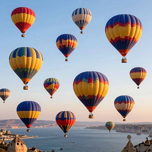 Photograph of colorful hot air balloons floating over a coastal town at sunrise, with a clear blue sky and distant hills.