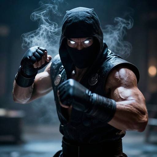 Photograph of a muscular, masked ninja with glowing white eyes, black gloves, and sleeveless vest, surrounded by smoke, in a dimly lit