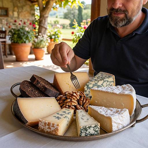 Photograph of a bearded man in a black polo shirt, tasting various cheeses with a fork, on a rustic outdoor table.