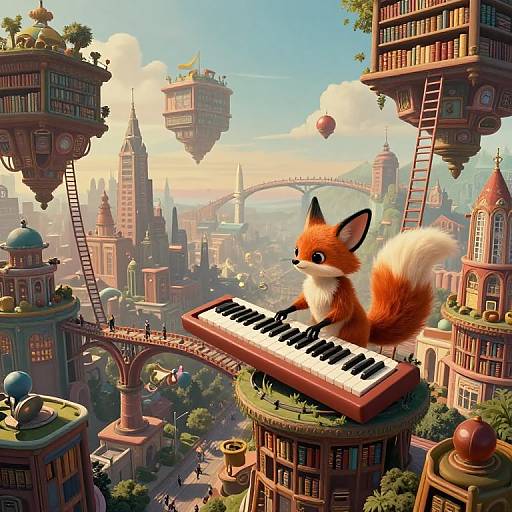 Digital artwork: Adorable fox playing a keyboard on a floating building amidst a whimsical, steampunk cityscape with floating islands and ladders.