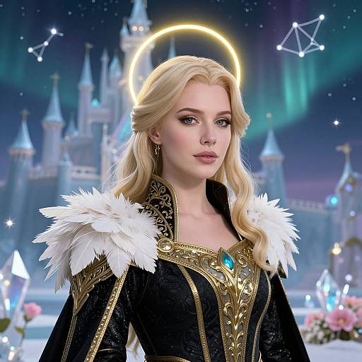 Digital artwork of a blonde woman with a glowing halo, wearing a black and gold ornate dress with white fur trim, in a magical, starry