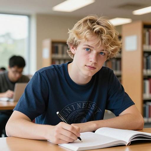 Photograph of a young, blonde, blue-eyed boy with curly hair, wearing a black T-shirt, writing in an open book at a library table