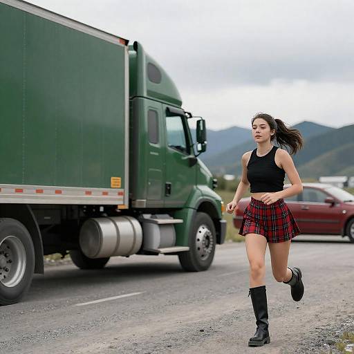 Young Woman Running on Gravel Road by Green Semi-Truck
