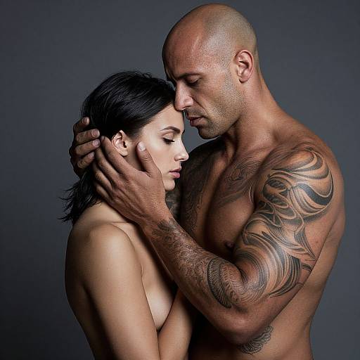 Photograph of a muscular, bald, tattooed man gently holding the face of a topless woman with black hair against a dark gray background. Int