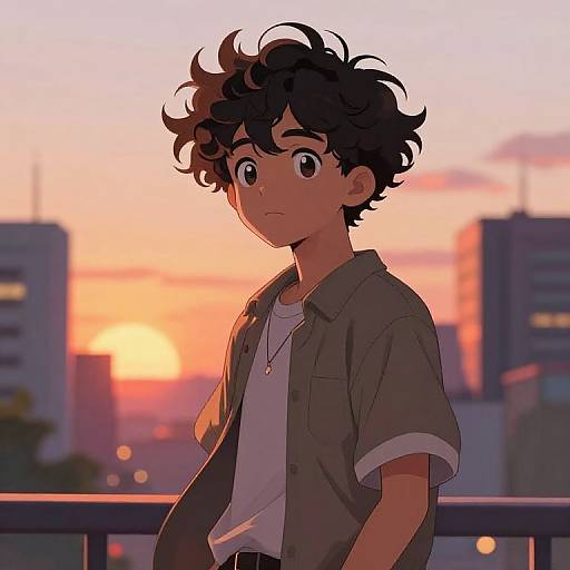 Anime-style digital drawing of a curly-haired boy with wide eyes, wearing a green shirt and white tee, standing on a balcony at sunset, city buildings