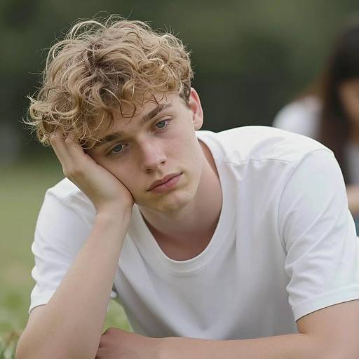 Tired Young Man with Curly Blonde Hair