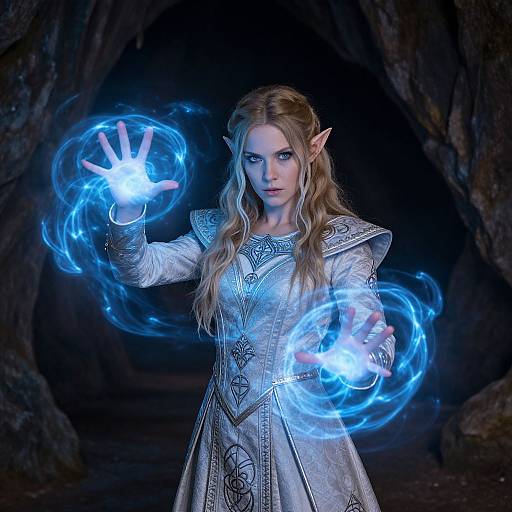 Photograph of a blonde elf woman with pointed ears, wearing an ornate silver dress, conjuring blue magical energy in a dark cave.