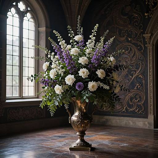 Ornate Vase with Lush Flowers in Castle