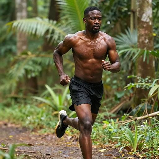 Muscular Man Running Through Forest