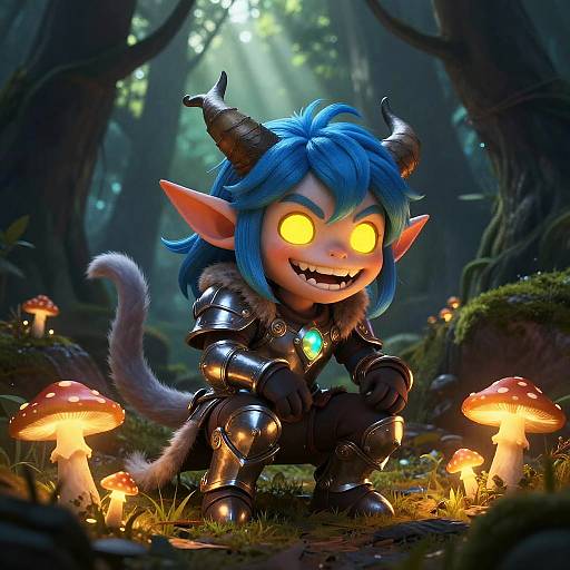 Mischievous Blue-Haired Goblin in Enchanted Forest