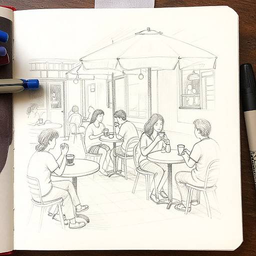 Black-and-white sketch of five people sitting at outdoor café tables, drinking cups, under umbrellas, with detailed background buildings. Pencils and sketch