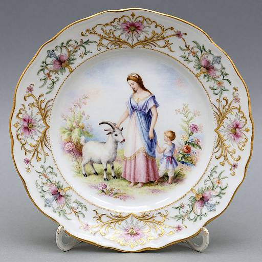 Decorative porcelain plate with intricate floral gold patterns, featuring a painted scene of a woman in blue and pink dress, a child, and a goat in