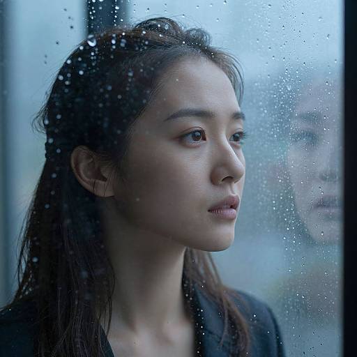 Photograph of a young Asian woman with wet, dark brown hair gazing outside a rain-streaked window, expression somber, soft blue light