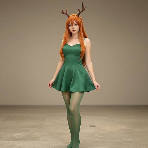 Photograph of a young woman with long red hair, deer antlers, and green dress, standing in a plain, gray room.