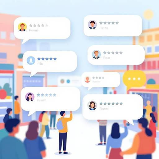 Digital illustration of a crowd in a colorful, blurred cityscape with multiple white speech bubbles containing small, cartoon-like faces and star ratings.
