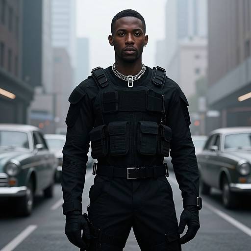 Fearless Black Man in Futuristic Tactical Gear