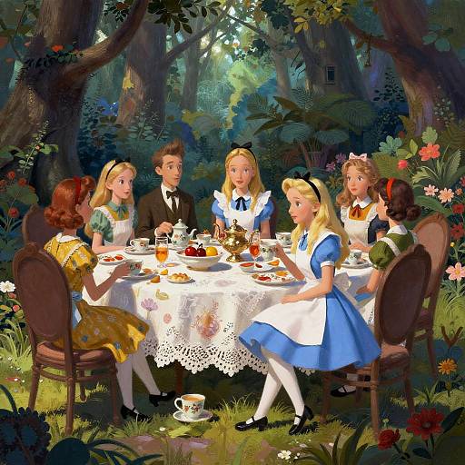 Digital painting of six children in Alice in Wonderland-style dresses, having tea in a lush, sunlit forest clearing with a white lace-covered table.