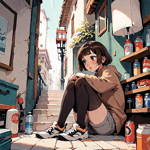 Anime Girl Sitting by Outdoor Stairs