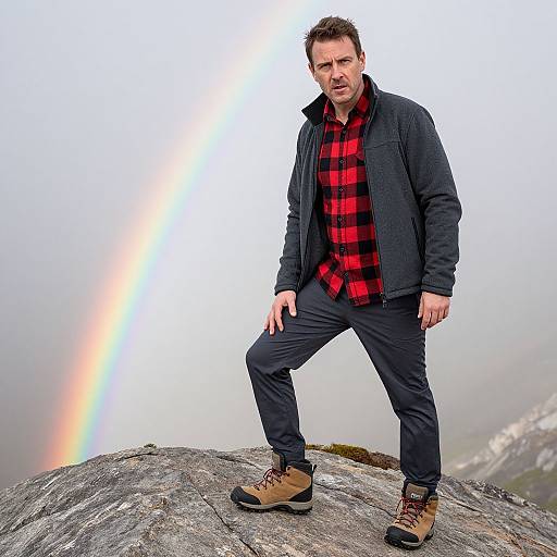 Photograph of a rugged Caucasian man with short brown hair, wearing a black jacket, red plaid shirt, and brown hiking boots, standing confidently on
