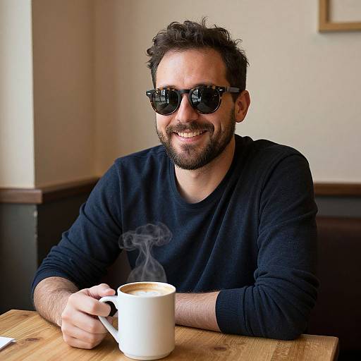 Photograph of a smiling, bearded man with dark hair and sunglasses, wearing a black sweater, holding a steaming white mug at a wooden table
