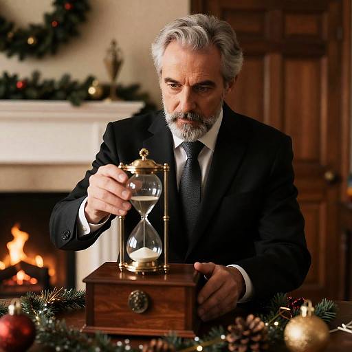Focused Man with Hourglass by Fireplace