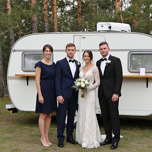 Photograph of a wedding party: bride in white lace gown, groom in black tuxedo, bridesmaid in black dress, groomsmen in