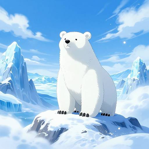 Digital illustration of a white polar bear sitting on snowy ice, surrounded by blue icebergs and a bright blue sky.