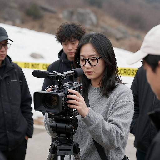 Asian Woman Operating Professional Video Camera Outdoors