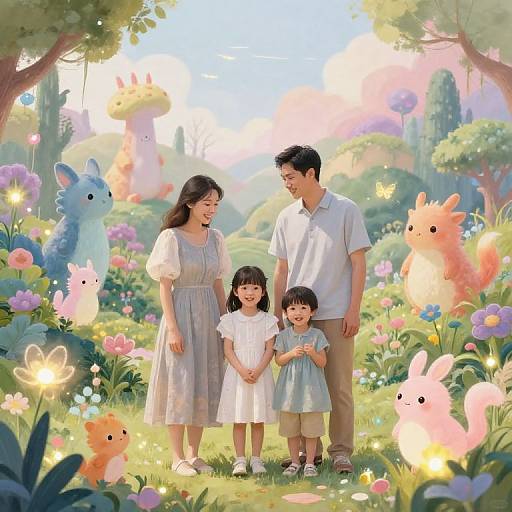 Whimsical family photograph of an Asian couple and their young daughter in a colorful, fairy-tale garden with pastel flowers and adorable, glowing creatures