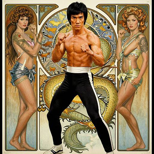 Digital artwork of a muscular Asian man in black pants, flanked by two tattooed, topless women in gold lingerie, against a stylized dragon