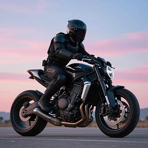 Photograph of a person in black motorcycle gear and helmet riding a black sport motorcycle at sunset, with a pink and blue sky in the background.