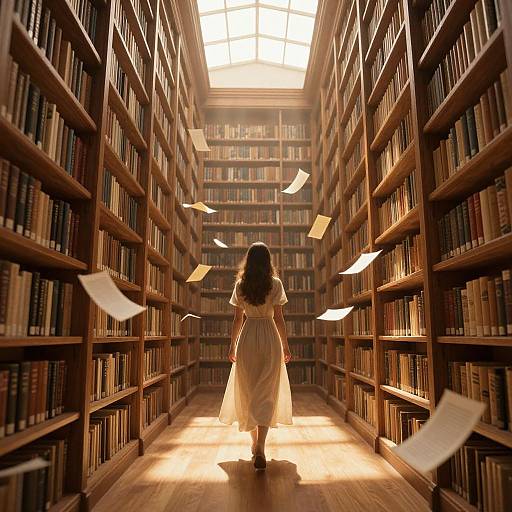 Photograph of a girl in a white dress, with long dark hair, running through a sunlit, book-filled library with floating papers.